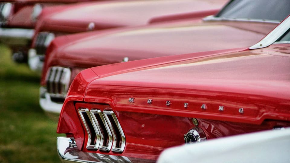 A receding row of early Ford Mustangs on grass, the lead car's rear quarter and badge in focus.